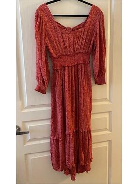 ANGIE Boho Square Neck High-Low Paisley Smocked Dress in Red/Pink - M